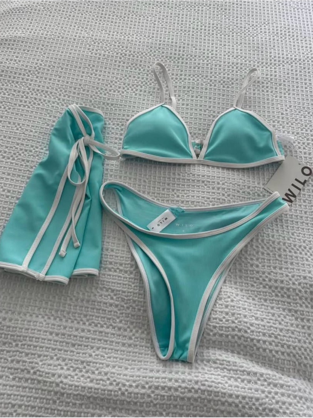 WILLOW Aqua Blue Triangle Bikini with White Trim
